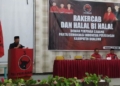 Pj. Bupati Boalemo, Sherman Moridu memberikan sambutan pada Rakercab DPC PDI-P Boalemo dirangkaian halal bi halal.(f.istimewa)