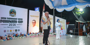 Syarif Mbuinga saat sambutan di pembukaan open turnamen Pohuwato Cup 2026